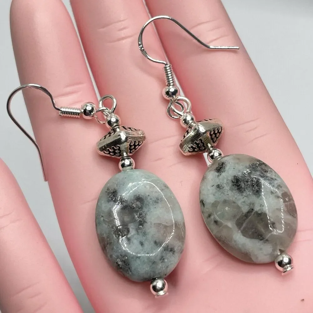 Artisan Silver Kiwi Jasper Stone Oval Beaded Dangle Earrings Boho Cute
